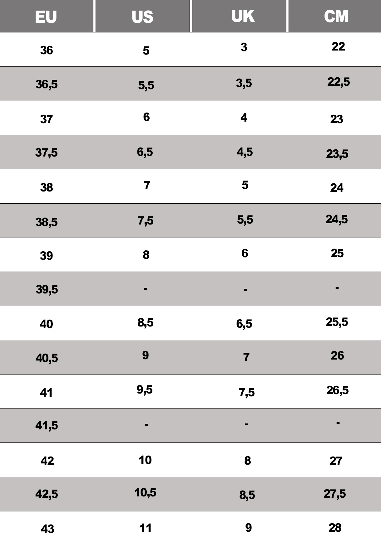 guide alle dimensioni delle scarpe dc da donna